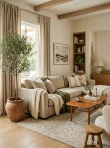 Modern cozy room with subtle greenery and natural textures.