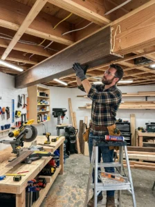 Cutting faux beam and applying construction adhesive before installation