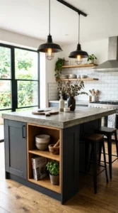 DIY kitchen island with a modern concrete countertop.
