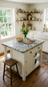 Kitchen island featuring a decorative tiled countertop.