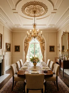 Ceiling medallion above chandelier in elegant dining room