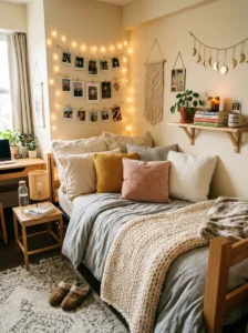 Cozy dorm bed with layered bedding and warm lighting.