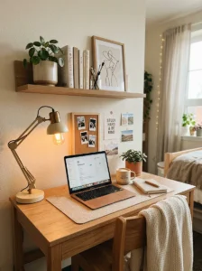 Organized dorm desk with warm lighting and neutral decor.