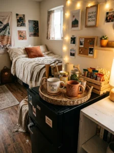 Dorm room coffee corner with cozy budget-friendly styling.