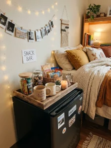 Dorm room with soft curtains and warm cozy decor.