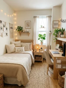 Neutral dorm room with soft colors and cozy airy decor.