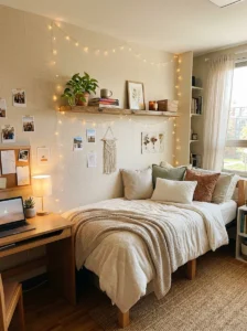 Dorm room with peel-and-stick wallpaper and cozy neutral decor.