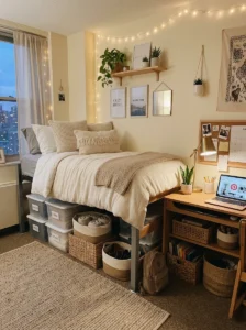 Dorm room with clean organized under-bed storage solutions.