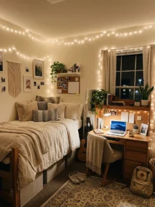 Dorm room with warm string lights and cozy evening atmosphere.