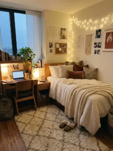 Dorm room with soft rug and warm cozy styling.