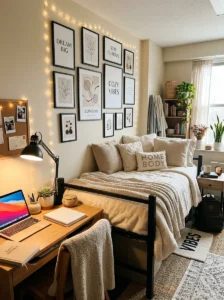 Dorm room with printable wall art and cozy modern decor.