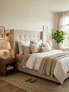 Dream bedroom with layered bedding and luxurious neutral decor.
