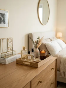 Decorative tray organizing accessories on an aesthetic bedroom dresser.