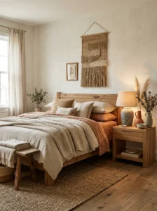 Earthy bedroom decorated with ceramic and stone-inspired accessories.