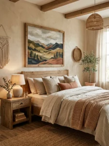 Earthy bedroom featuring nature-inspired artwork and neutral decor.