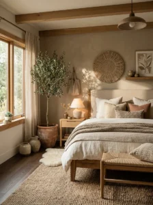 Earthy bedroom featuring layered neutral colors and organic textures.