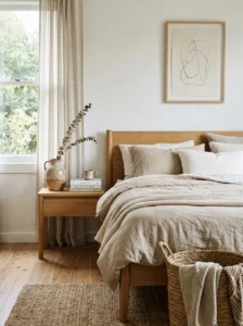 Earthy bedroom with simple intentional decor and natural materials.