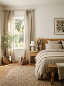 Earthy bedroom featuring soft linen curtains and natural light.