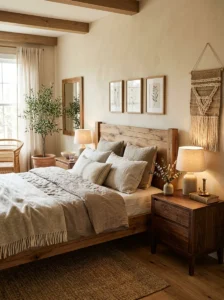 Earthy bedroom with natural wood furniture and warm neutral decor.