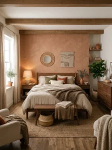 Earthy cozy bedroom with warm neutral tones and natural textures.