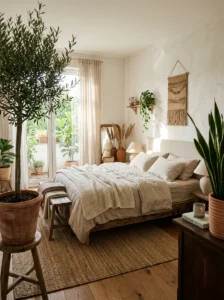 Earthy bedroom decorated with indoor plants and natural textures.