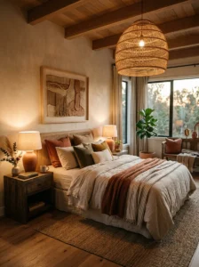 Earthy bedroom with warm ambient lighting and cozy evening atmosphere.