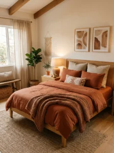 Earthy bedroom featuring terracotta bedding and layered neutral textiles.