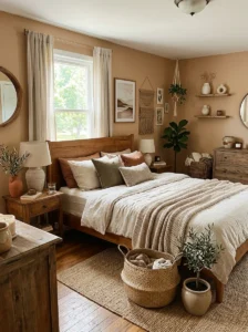 Earthy warm bedroom with natural textures and cozy decor.