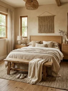 Earthy bedroom featuring a rustic wooden bench and natural decor.