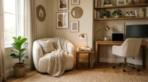 Cozy earthy office with reading nook and soft neutral textures