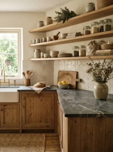 Earthy kitchen with natural stone countertops and warm wood details.