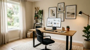 Beige earthy office with modern black accents and warm wood tones