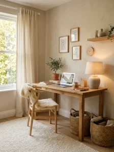 Warm oak desk in an earthy office with beige walls and soft neutral decor