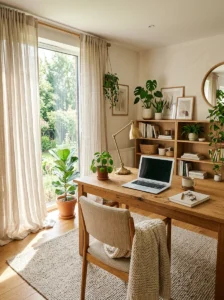 Earthy office with sheer linen curtains and beautiful natural light