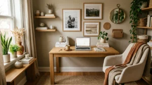 Minimal earthy office with personal decor and cozy neutral styling