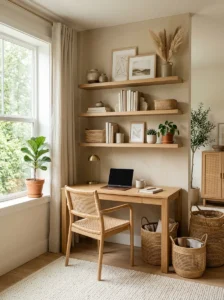 Earthy office using woven baskets and natural storage decor