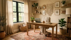 Earth-toned rug warming up a cozy earthy office space