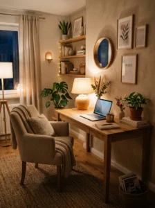 Earthy office with warm soft lighting and cozy neutral textures