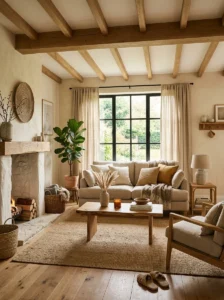 Earthy cozy room with natural wood and woven textures.