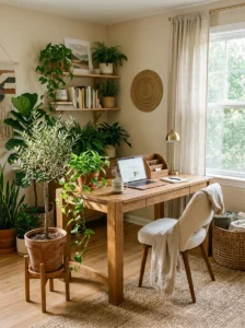 Earthy office space with indoor plants and warm neutral decor