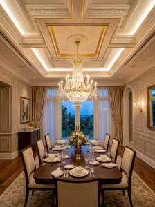 Elegant dining room with modern POP ceiling and chandelier