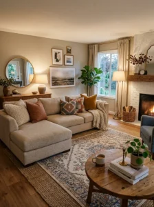 Large neutral sofa styled in a cozy family living room