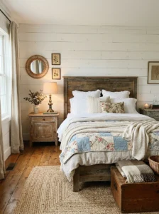 Farmhouse bedroom featuring reclaimed wood furniture and cozy layered bedding.