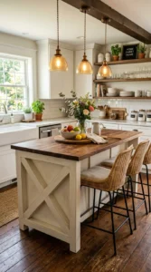 Farmhouse kitchen island with X-frame side details.