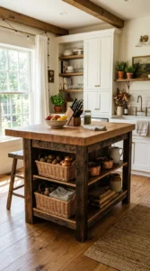 Rustic farmhouse kitchen island made from reclaimed wood.