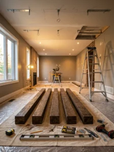 Faux ceiling beams acclimating inside a modern room before installation