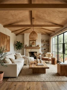 Faux limewash painted ceiling in an organic modern interior