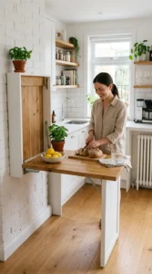 Fold-down kitchen island designed for small kitchens.