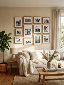 Neutral gallery wall with cohesive warm tones and wood frames