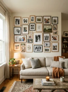 Gallery wall with personal photos and artwork creating a welcoming room.